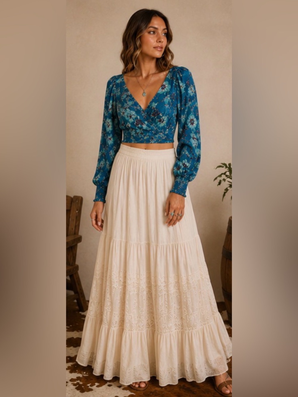 New‼️ Band of the Free Sybille Floral Wrap Crop Top | NWT | Teal | Size Small - Picture 5 of 13